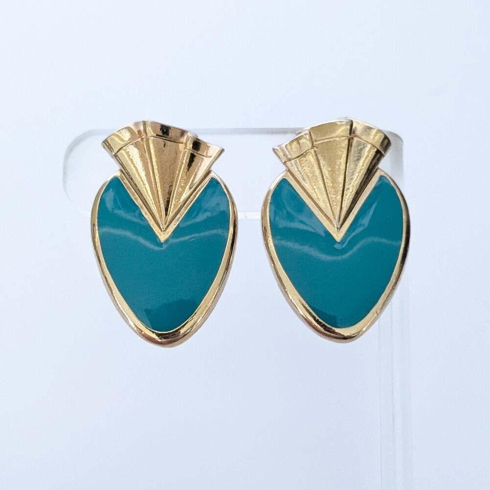 Vintage Avon Clip On Earrings Pleated Fanfare Turquoise Tone Enamel & Gold Tone